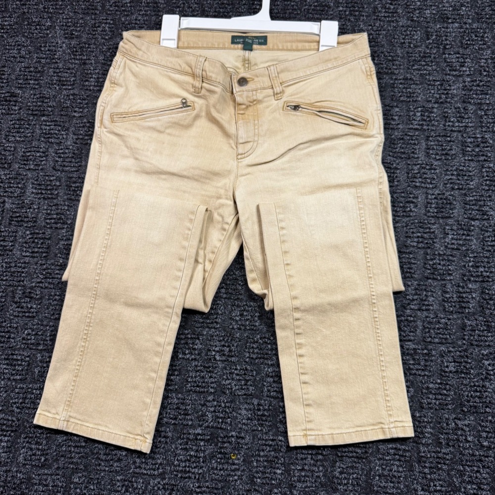 Lauren Ralph Lauren Tan Khaki Cropped Moto Jeans Size 12 Stretch Zip Pocket
